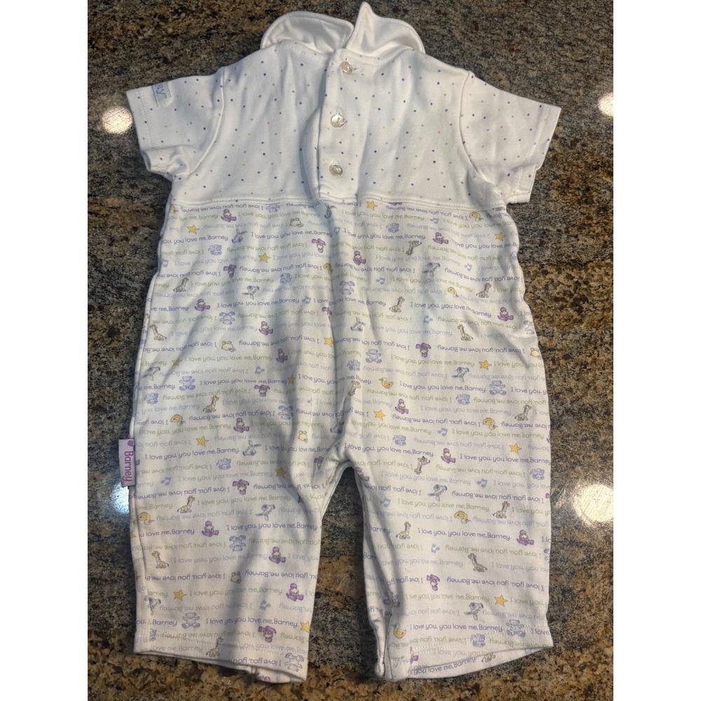 Rare Barney Baby Romper White Polka Dot "I‎ Love You" "Happy Family" 6 months - Picture 5 of 8